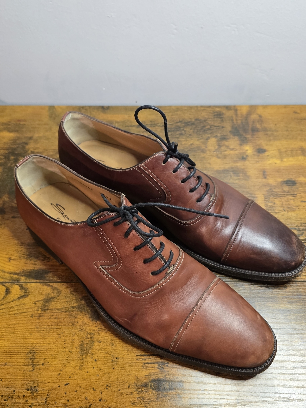 Santoni Mens Size 11 D Brown Leather Cap Toe Derby Oxford Shoes Made in Italy